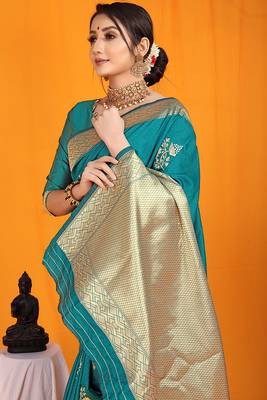 Teal banarasi silk blend saree with gold zari border & floral buta weaving 3