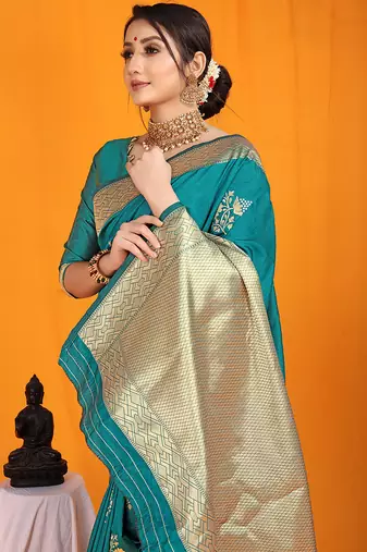 Teal banarasi silk blend saree with gold zari border & floral buta weaving