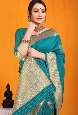 Teal banarasi silk blend saree with gold zari border & floral buta weaving 4