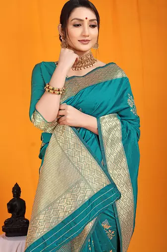 Teal banarasi silk blend saree with gold zari border & floral buta weaving