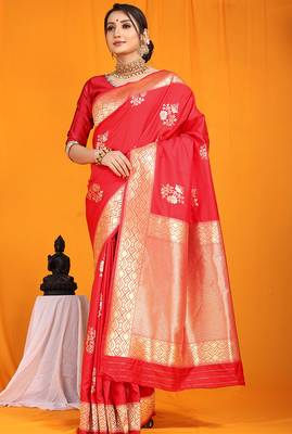 Red banarasi silk blend saree with gold zari border & floral buta weaving 1