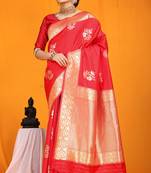 Red banarasi silk blend saree with gold zari border & floral buta weaving