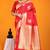 Red banarasi silk blend saree with gold zari border & floral buta weaving