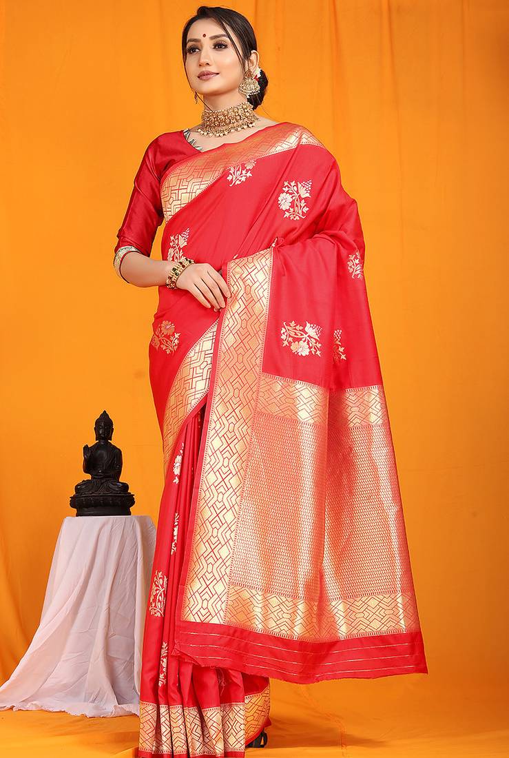 Red banarasi silk blend saree with gold zari border & floral buta weaving