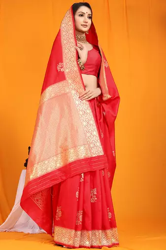 Red banarasi silk blend saree with gold zari border & floral buta weaving