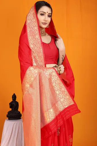 Red banarasi silk blend saree with gold zari border & floral buta weaving