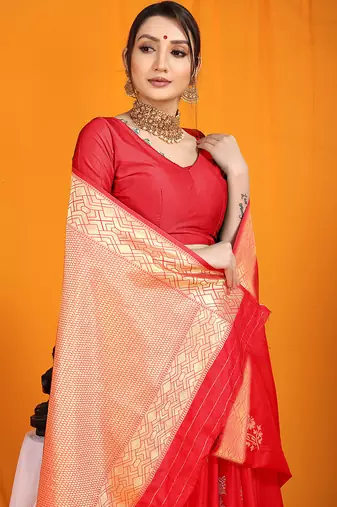 Red banarasi silk blend saree with gold zari border & floral buta weaving