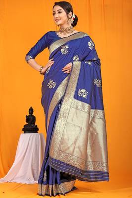 Navy blue banarasi silk blend saree with gold zari border & floral buta weaving 1