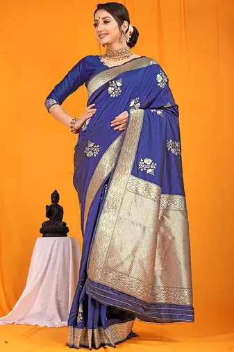 Navy blue banarasi silk blend saree with gold zari border & floral buta weaving