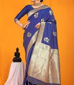 Navy blue banarasi silk blend saree with gold zari border & floral buta weaving