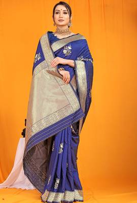 Navy blue banarasi silk blend saree with gold zari border & floral buta weaving 2