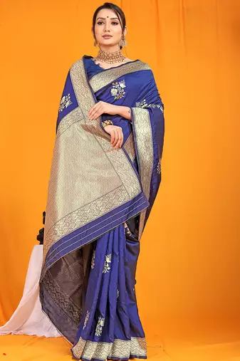 Navy blue banarasi silk blend saree with gold zari border & floral buta weaving