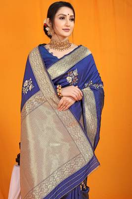 Navy blue banarasi silk blend saree with gold zari border & floral buta weaving 3