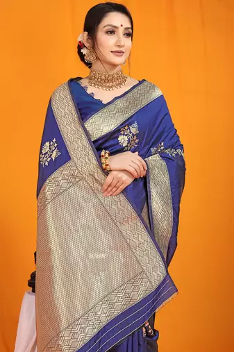 Navy blue banarasi silk blend saree with gold zari border & floral buta weaving