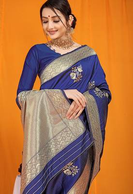 Navy blue banarasi silk blend saree with gold zari border & floral buta weaving 4