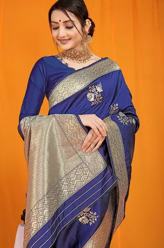 Navy blue banarasi silk blend saree with gold zari border & floral buta weaving