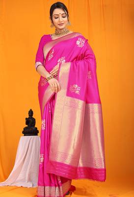 Rani pink banarasi silk blend saree with gold zari border & floral buta weaving 1