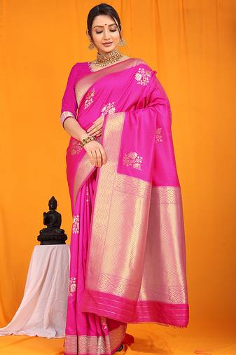 Rani pink banarasi silk blend saree with gold zari border & floral buta weaving