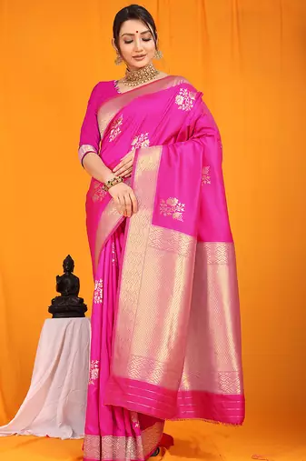 Rani pink banarasi silk blend saree with gold zari border & floral buta weaving