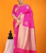 Rani pink banarasi silk blend saree with gold zari border & floral buta weaving