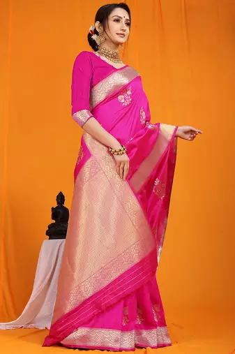 Rani pink banarasi silk blend saree with gold zari border & floral buta weaving