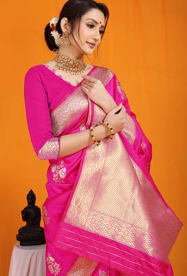 Rani pink banarasi silk blend saree with gold zari border & floral buta weaving 3