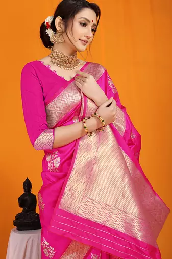 Rani pink banarasi silk blend saree with gold zari border & floral buta weaving