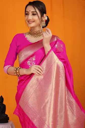 Rani pink banarasi silk blend saree with gold zari border & floral buta weaving