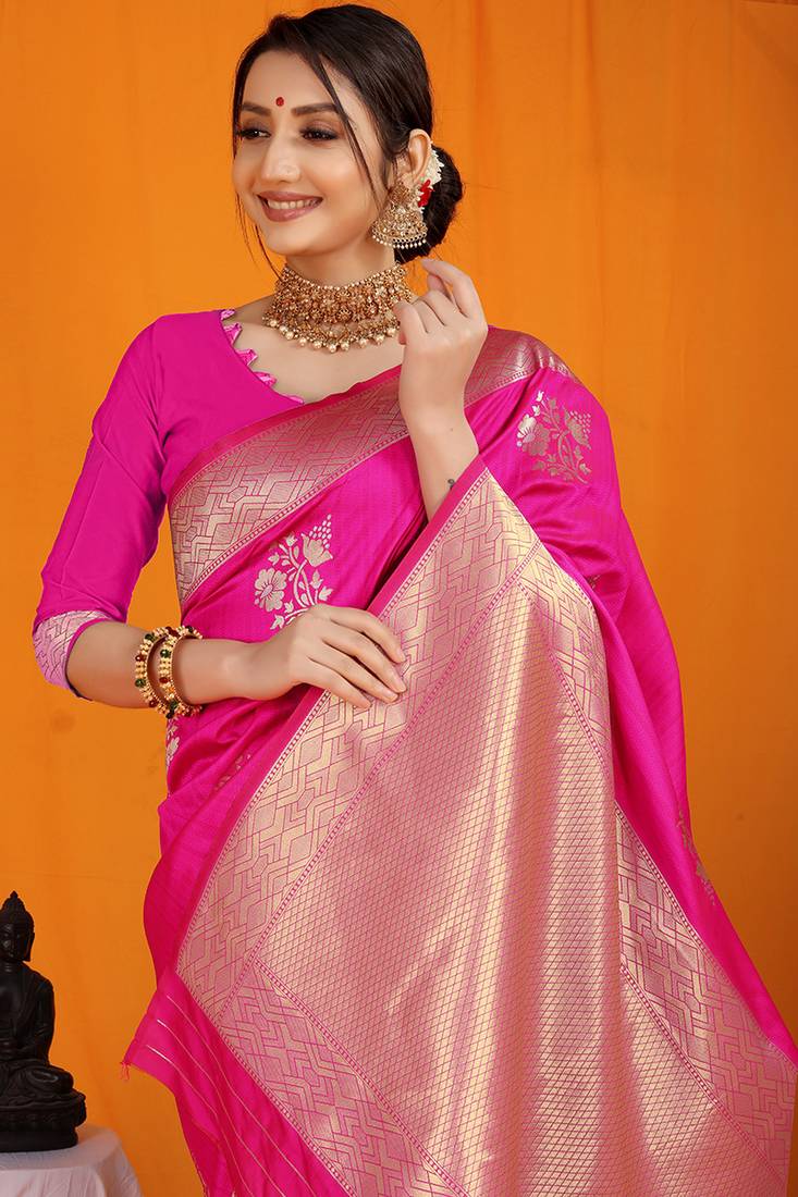 Rani pink banarasi silk blend saree with gold zari border & floral buta weaving
