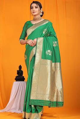 Green banarasi silk blend saree with gold zari border & floral buta weaving 1