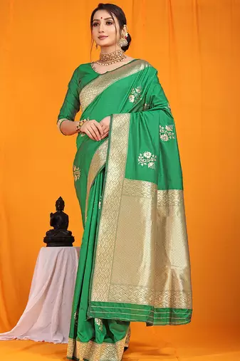 Green banarasi silk blend saree with gold zari border & floral buta weaving