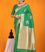 Green banarasi silk blend saree with gold zari border & floral buta weaving