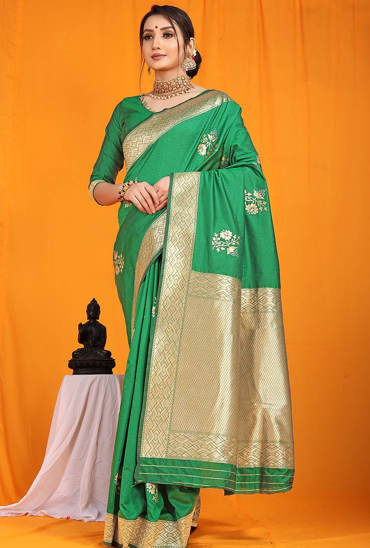 Green banarasi silk blend saree with gold zari border & floral buta weaving