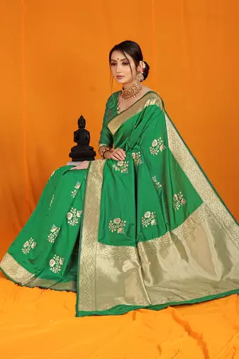 Green banarasi silk blend saree with gold zari border & floral buta weaving