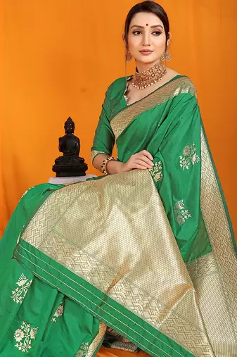 Green banarasi silk blend saree with gold zari border & floral buta weaving