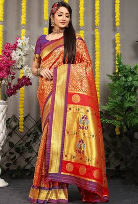 Red paithani silk blend saree with  purple border and peacock pallu 1