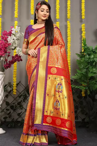 Red paithani silk blend saree with  purple border and peacock pallu