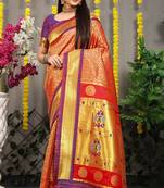 Red paithani silk blend saree with  purple border and peacock pallu