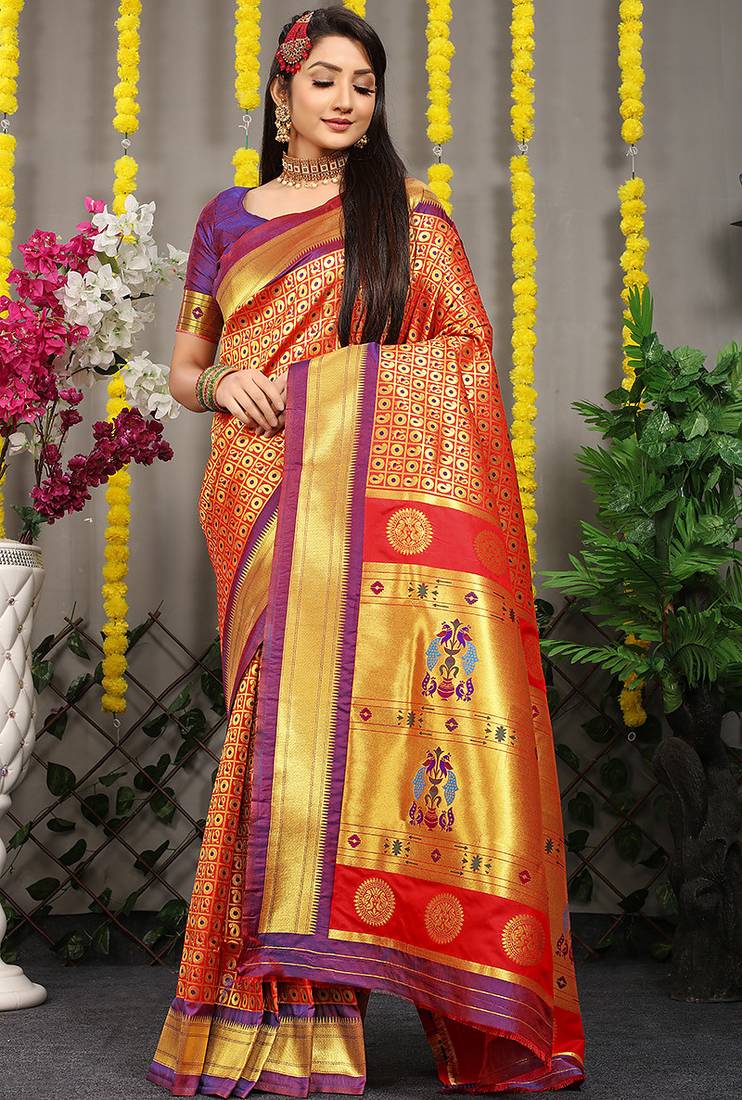 Red paithani silk blend saree with  purple border and peacock pallu