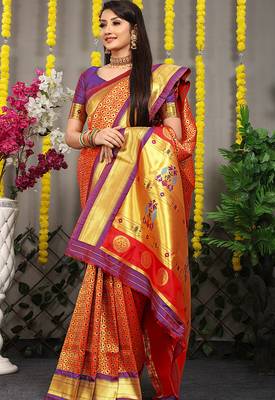 Red paithani silk blend saree with  purple border and peacock pallu 2