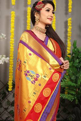 Red paithani silk blend saree with  purple border and peacock pallu 4