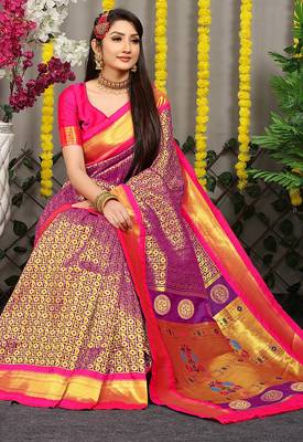 Purple paithani silk blend saree with  rani pink border and peacock pallu 2