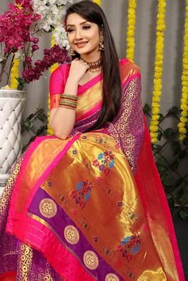 Purple paithani silk blend saree with  rani pink border and peacock pallu 3