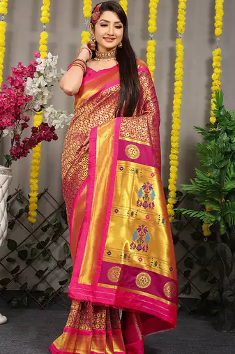 Magenta paithani silk blend saree with rani pink border and peacock pallu