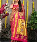 Magenta paithani silk blend saree with rani pink border and peacock pallu