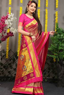 Magenta paithani silk blend saree with rani pink border and peacock pallu 2