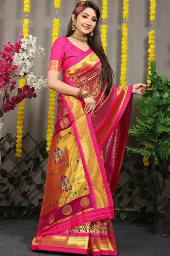 Magenta paithani silk blend saree with rani pink border and peacock pallu