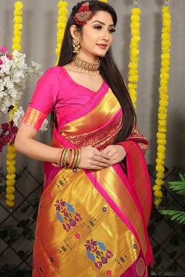 Magenta paithani silk blend saree with rani pink border and peacock pallu 3