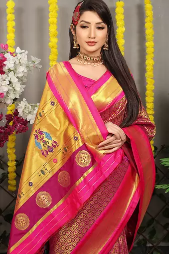 Magenta paithani silk blend saree with rani pink border and peacock pallu