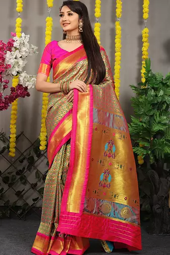 Teal grey paithani silk blend saree with rani pink border and peacock pallu